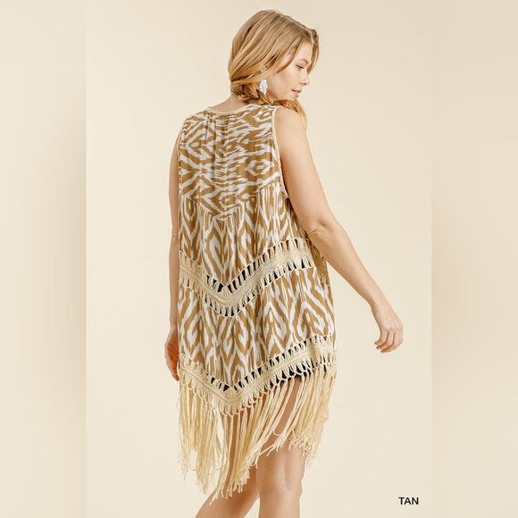 Open Front Duster Vest - Ikat Print Crochet Detail with Tassel Hem - S, M, L - Picture 4 of 8
